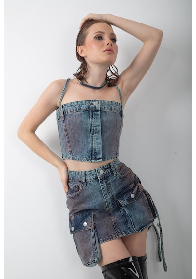 Denim Crop Top Ve Cepli Asimetrik Mini Etek Takım Mavi