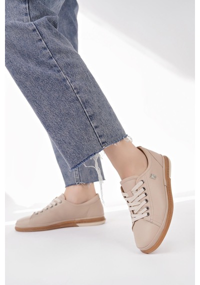 Nesilshoes Modessa 160 Bej Bağcıklı Hakiki Soft Deri Kadın Ayakkabı