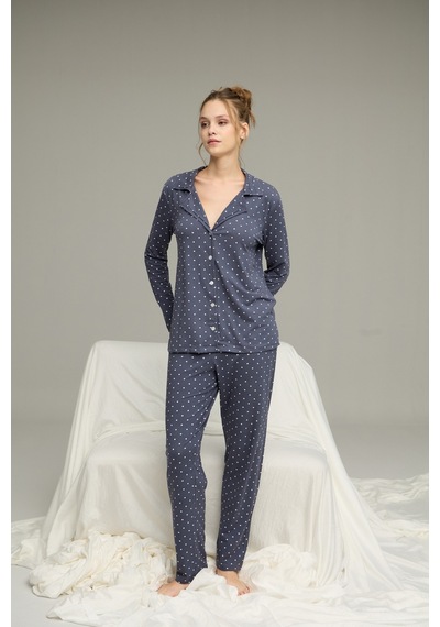 Siyah İnci Gömlek Yaka Düğmeli Milan Örme Pijama Takım25224033 İndigo