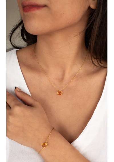 Doğan Diamond 925 Ayar Gümüş Altın Kaplama Doğal Sitrin Taşı Damla Set Kolye Ve Bileklik Bolluk Ve Bereket li Minimalist Tasarım Altın
