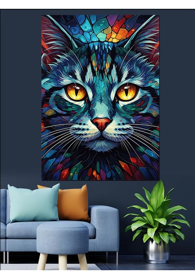 Ahşap Tablo Neon Renkli Kedi Portresi