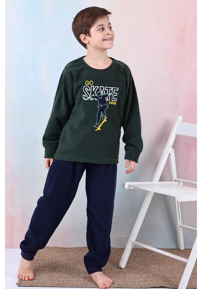 Yeni Sezon Sonbahar/kış Erkek Çocuk Skate Desenli Polar Pijama Takımı 4515 Haki Yeşili