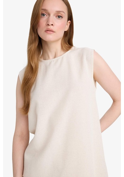 Defacto Regular Fit Bisiklet Yaka Basic Düz Keten Karışımlı Kolsuz Tunik D2953ax25smer42 Ekru