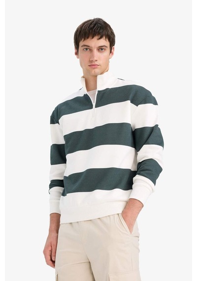 Defacto Boxy Fit Dik Yaka Yarım Fermuarlı Çizgili Sweatshirt C7045ax25augn498 Yeşil