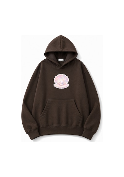 Herkesemoda İnci Baskılı Kapüşonlu 2 İplik Şardonlu Sweatshirt Kahverengi