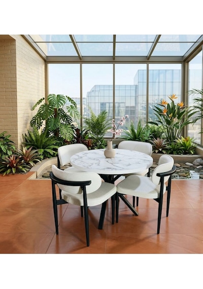 Lüks Mermer Dokulu 4 Kişilik Yuvarlak Yemek Masası Takımı - Loft Tasarım - Mutfak Masası Beyaz Lüks Mermer Dokulu 4 Kişilik Yuvarlak Yemek Masası Takımı - Loft Tasarım - Mutfak Masası Beyaz