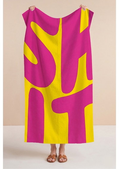 Modern Shit Yazılı Geometrik Plaj Havlusu - Fuşya Sarı Pop Art Hızlı Kuruyan Mikrofiber Havlu Ayaz Menekşe