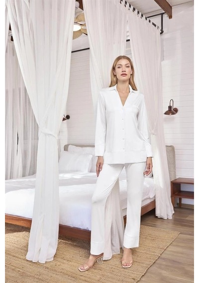 Aria's Closet Arias Closet Uzun Kollu Önü Düğmeli Gömlek Yaka Pijama Takımı Beyaz