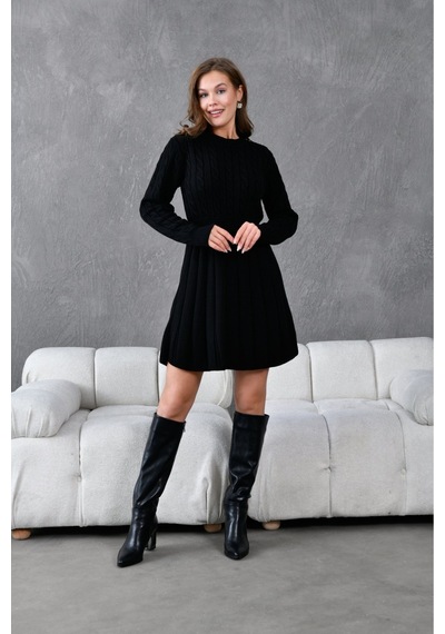 Flex Fashıon Saç Örgülü Trend Popüler Triko Mini Elbise Siyah - 662242424 Siyah - 662242424 Siyah