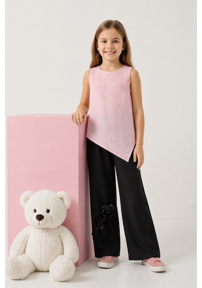 Fesshera Kids Kız Çocuk Asimetrik Kesim Bluz Ve Gül Detaylı Bol Paça Pantolon Takım Şık Kombin Pembe
