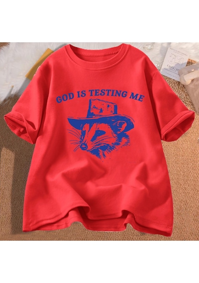 Flood Of Style Tanrı Beni Test Ediyor Ve Ben % Erkek Tişörtü Komik Pamuk İğneleme Giyim Meme Grafik Tee Kısa Kırmızı