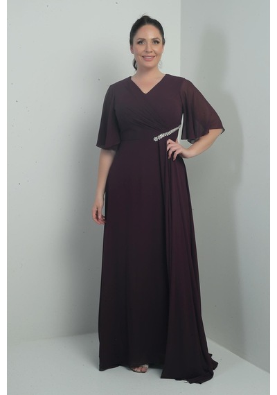 By Saygı Kadın V Yaka Beli Taşlı Drapeli Astarlı Büyük Beden Uzun Şifon Elbise-40853 Mürdüm By Saygı Kadın V Yaka Beli Taşlı Drapeli Astarlı Büyük Beden Uzun Şifon Elbise-40853 Mürdüm
