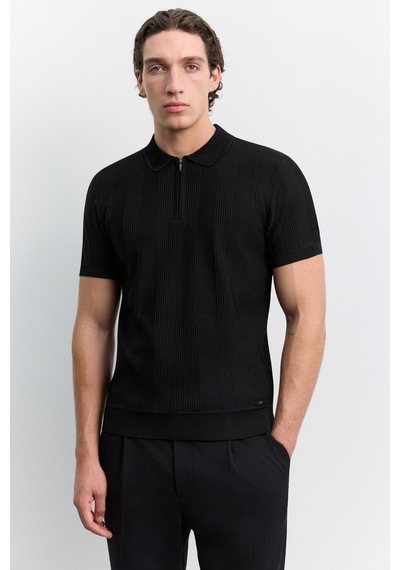 Avva Erkek Siyah Polo Yaka Fermuarlı Kolay Ütülenen Kırışmaz Regular Fit Triko T-shirt A62y5007