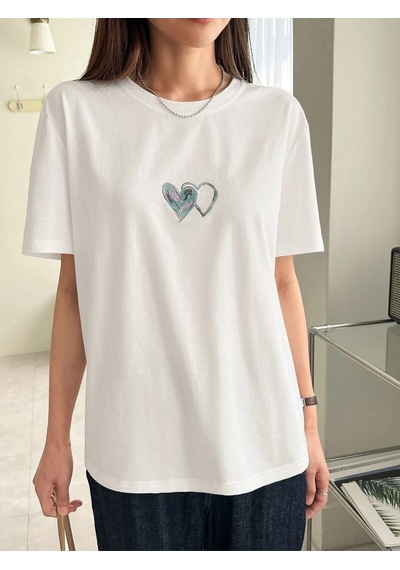 Flood Of Style Kadın Beyaz Çift Heart Baskılı Oversize T-shirt