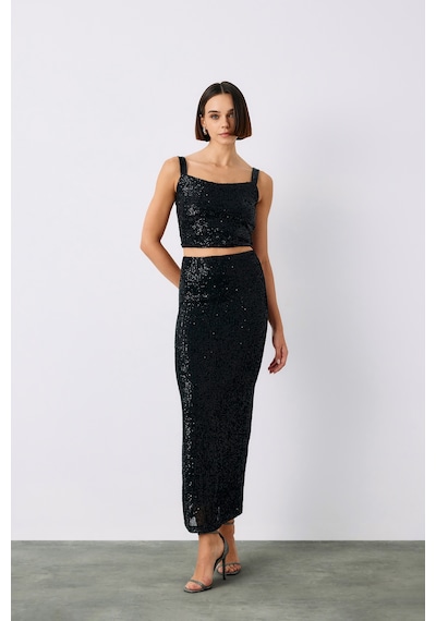 Sateen Pul Payetli Midi Etek - Siyah-135196 Siyah