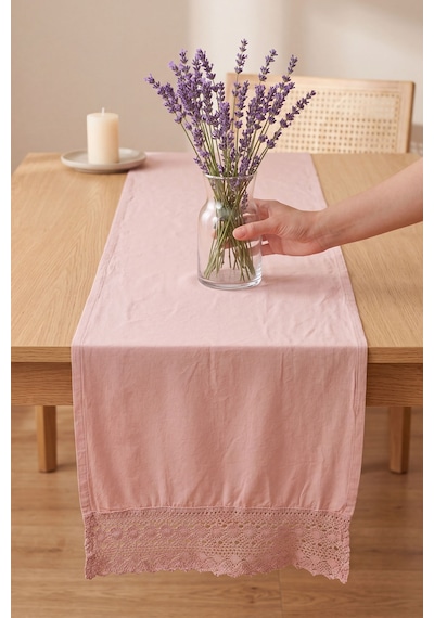 Pudra Lacy Pamuklu Dantelli Runner 40x150 Cm Pembe