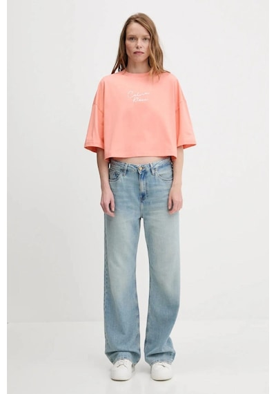 Cropped Boxy Chain Stitch Logo Turuncu Kadın T-shirt-8680 Turuncu
