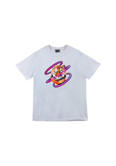 Kaplan Baskılı Unisex %100 Pamuk Beyaz T-shirt Beyaz