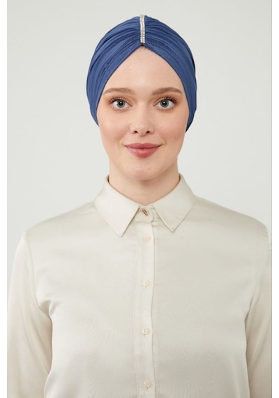 Melodi Scarf Kadın Tesettür Taşlı Dış Bone Mavi Mavi