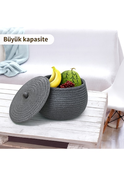 Mavaux Mutfak, Banyo Ve Ev İçin Halat Hasır Sepet 17x21 Cm Kapaklı Saklama Sepeti Honeypot Gri
