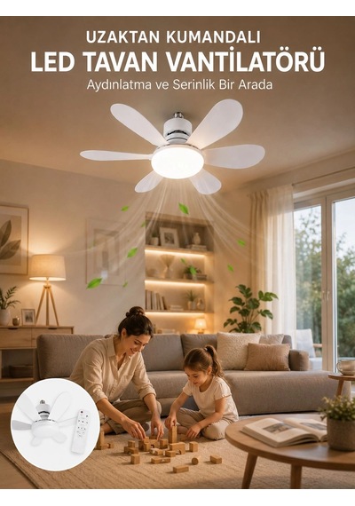 Tavan Vantilatörü Sessiz Motorlu Uzaktan Kumandalı Led Aydınlatma Güçlü Serinletme