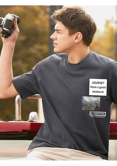 Füme Oversize Journey Baskılı T-shirt - Oversize Baskılı Gri