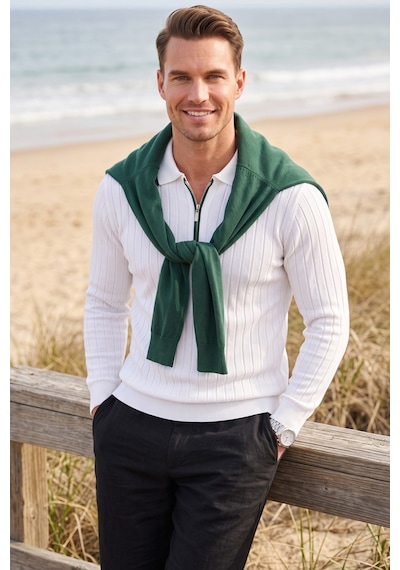 Deepsea Erkek Slim Fit Tüylenmeyen Çizgi Dokulu Beyaz Triko Kazak Fermuarlı Polo Yaka 2700401 Deepsea Erkek Slim Fit Tüylenmeyen Çizgi Dokulu Beyaz Triko Kazak Fermuarlı Polo Yaka 2700401