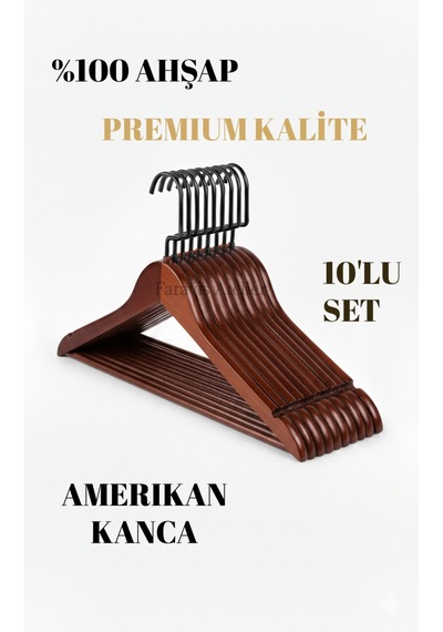 Faravis Atelier Kahve Siyah Ceviz Ahşap Lüks Askı Kıyafet Elbise Gömlek Ve Pantolon Askısı Amerikan Kanca 10 Adet