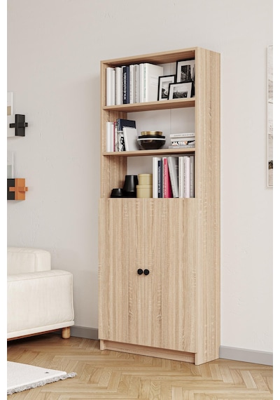 Bili Kitaplık 5 Raflı 2 Kapaklı Çok Amaçlı Ofis Salon Kitap Dosya Rafı Meşe Meşe