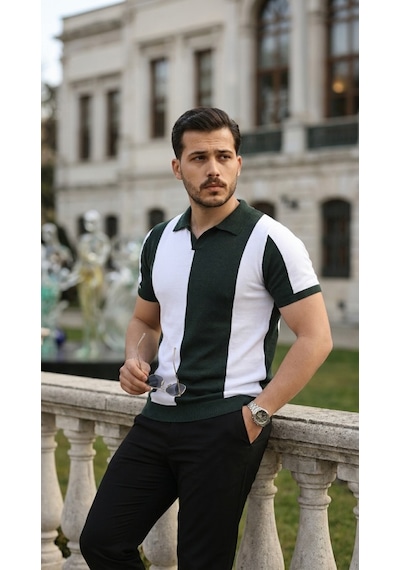 Suma Erkek Kısa Kollu Polo Yakalı Blok Desenli Triko Bluz Yeşil