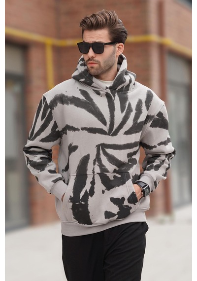 Madmext Boyalı Gri Kapüşonlu Cep Detaylı Baskılı Erkek Sweatshirt 7087 Gri