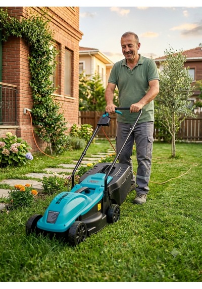 Steiner 1200w Elektrikli Bakır Sargılı Tekerlekli Çim Biçme Makinesi Mavi 30 Litre Toplama Torbalı
