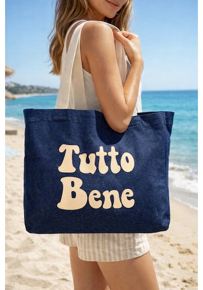 Faralya Life Mavi Kot Denim Çanta Baskılı Pamuk Bez Çanta 52x42 Cm 60 Cm Sap Uzunluğu Açık Krem