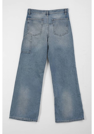 Bluew White Kadın Açık Mavi Yüksek Bel Wide Leg Boya Efektli Jean Pantolon