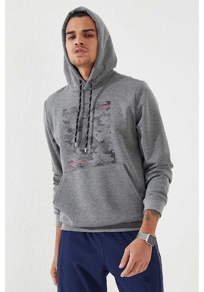 Tommy Life Gri Melanj Kamuflaj Desen Baskılı Standart Kalıp Kapüşonlu Erkek Sweatshirt - 87884 GRİ MELANJ