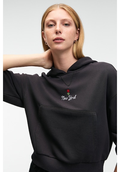 Grimelange ISADORA Kadın Kapüşonlu Nakış Detaylı Regular Fit Crop Antrasit Sweatshirt