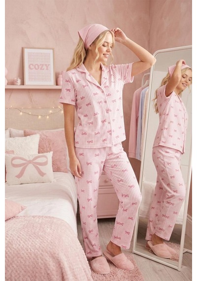 Pembe Kurdele Desenli Bürümçük Kumaş Kısa Kollu Pijama Takımı 6064