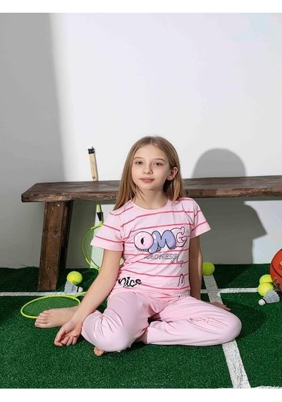 Kız Çocuk Desenli Pembe Pijama Takımı-1259 Pembe