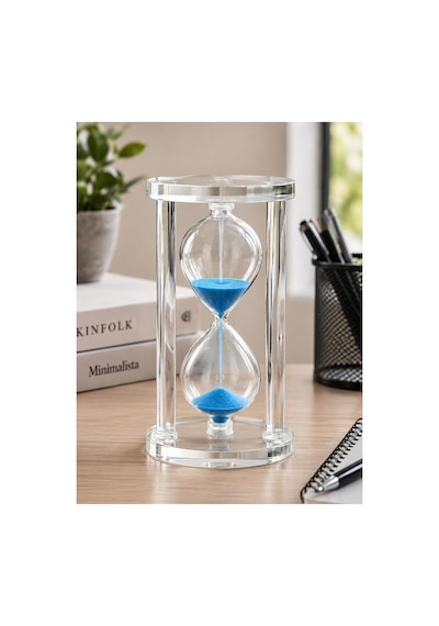 Modern Ofis Masa Üstü Biblosu Cam Kum Saati 10 Dakikalık Zamanlı Mavi Kum Dekoratif Hediye 14.5x8 Cm Biblo