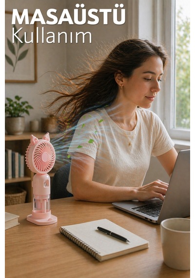 Buhar Üflemeli 3 Modlu Şarjlı El Fanı Seyahat Masaüstü Vantilatör Taşınabilir Mini Fan Pembe F830