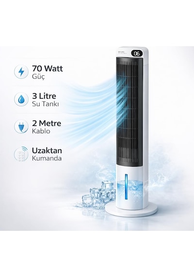 Ev Tipi Kule Tipi Vantilatör & Soğutucu 70w Güçlü Hava Akışı, 3 Kademe Hız, 3l Su Tanklı