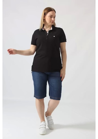 Moda Berray 21305 Kısa Kollu Büyük Beden Lakost Kumas T-shirt Siyah Siyah