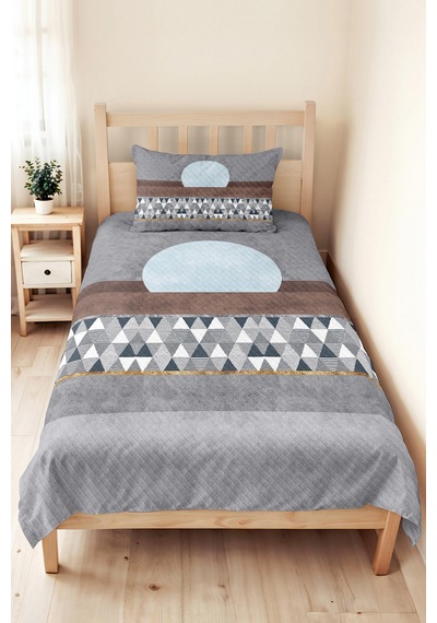 Gri Geometrik Genç Odası Tek Kişilik Pike Takımı - Mavi Kahverengi 160x220 Cm Kapitone Yatak Örtüsü Masalsı Çiçek Havası