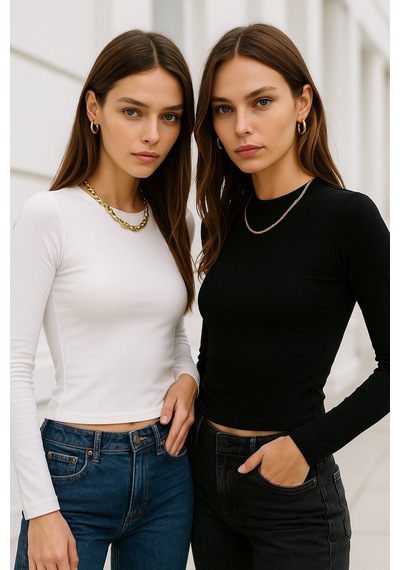 Rich Kadın Siyah-beyaz 2'li Paket Bisiklet Yaka Esnek Kumaşlı Vücuda Oturan Slim Fit Uzun Kollu Crop Body Beyaz - Siyah