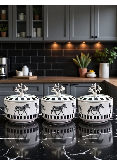 Kahvaltılık - 3'lü Şekerlik Zebra At Desen Siyah Gümüş