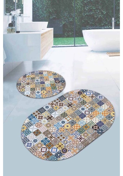 Mavi Çini Desenli Banyo Halısı Klozet Oval Paspas Seti Bs084n11