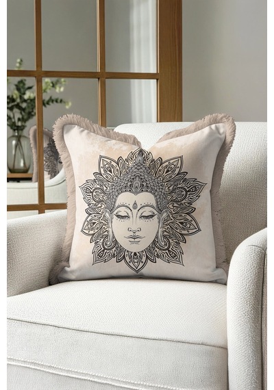 Mandala Sanatlı Saçaklı Yastık Kılıfı - Spiritüel Bohem Buda Bej Püsküllü Kırlent Kılıfı Açık Deniz Platin