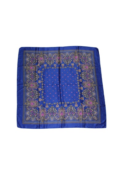 Tikitonki Etnik Çiçek Desenli Saten Lacivert Eşarp - 90x90 Lacivert Lacivert