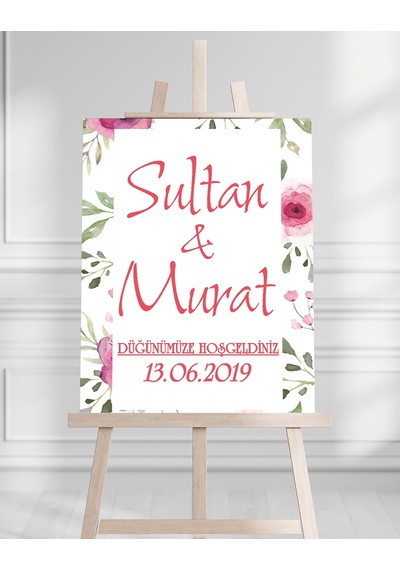 Söz Nişan Düğün İçin 50x70 Karşılama Panosu - Pembe Ren Çiçek Temalı 01 Beyaz
