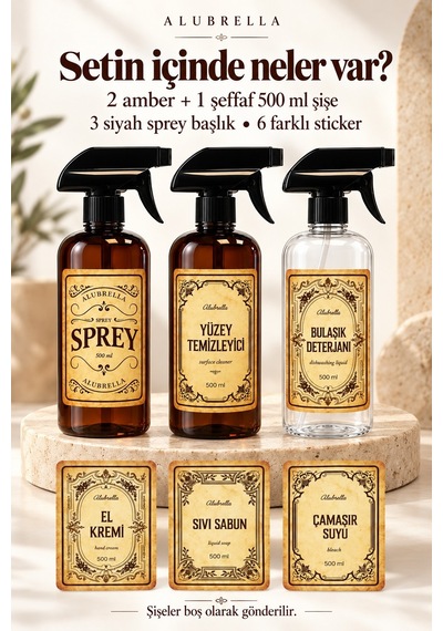 Alubrella 500 Ml 2 Amber Ve 1 Şeffaf Boş Sprey Şişe 3 Lü Set Ve 6 Lı Etiket